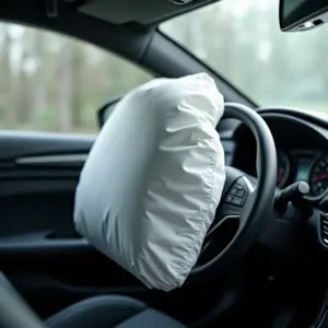 Airbag inflado após colisão, protegendo o motorista. Detalhes do painel e textura do airbag em destaque.
