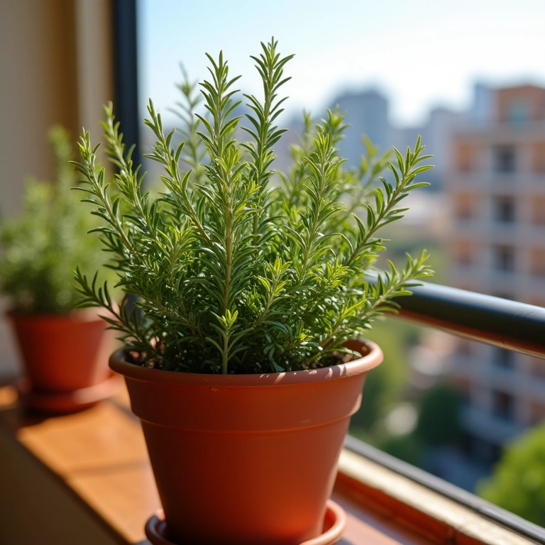 Alecrim em vaso de terracota sob o sol da tarde em apartamento.