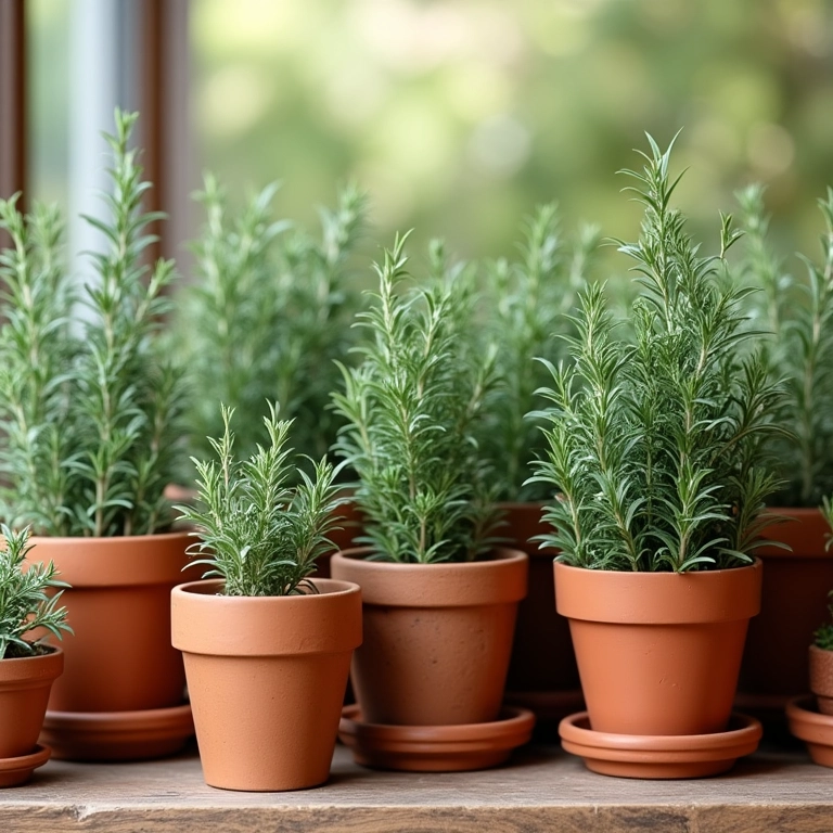 Alecrim plantado em vasos de materiais diversos.