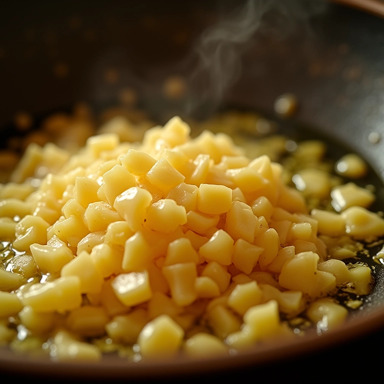 Alho sendo refogado no azeite, ingrediente estrela.