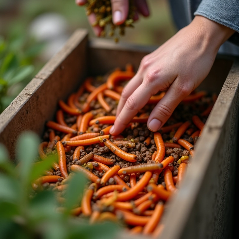 Alimentando minhocas com restos de vegetais.
