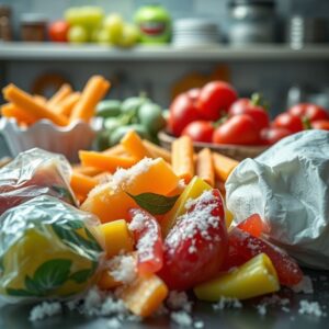 Alimentos sendo descongelados de forma inadequada, com foco no crescimento de bactérias.