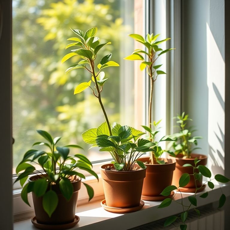 Almeirão em vasos recebendo luz solar em uma janela.