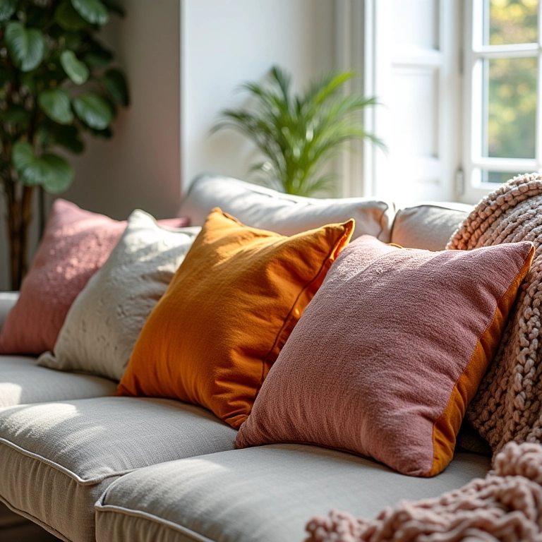 Almofadas coloridas e manta aconchegante em um sofá de sala de TV.