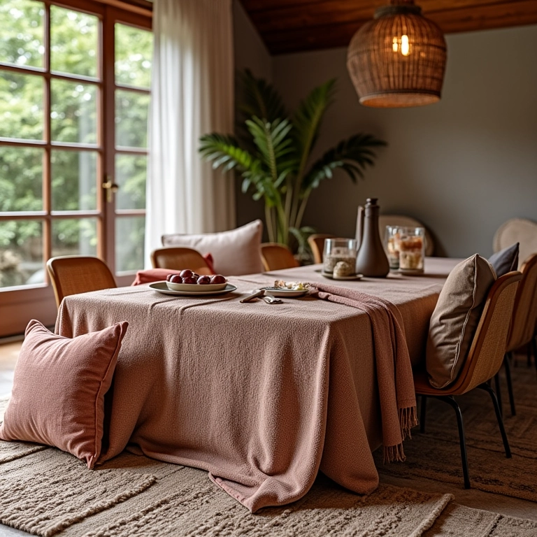 Almofadas, mantas e tapetes aconchegantes na sala de jantar.