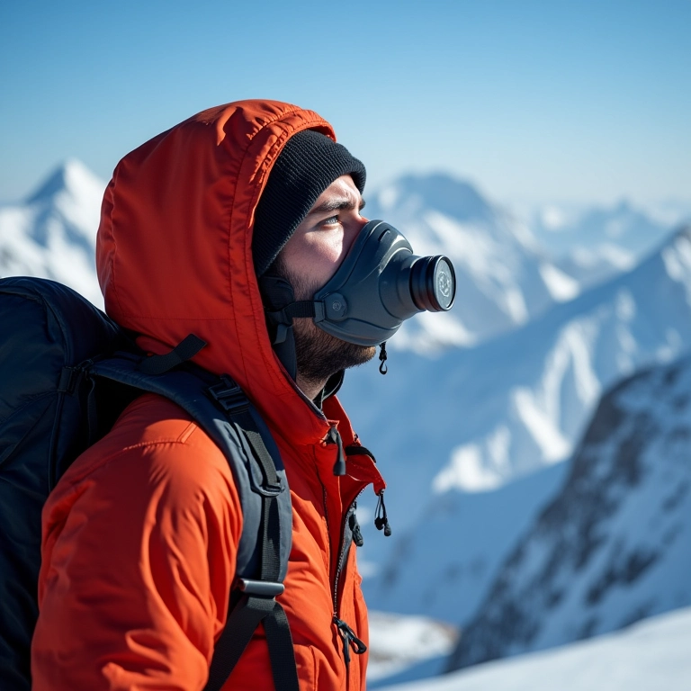 Alpinista com máscara de oxigênio, mostrando os efeitos do mal da montanha.