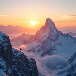 Alpinistas em montanha nevada ao pôr do sol, exemplificando os perigos do alpinismo.