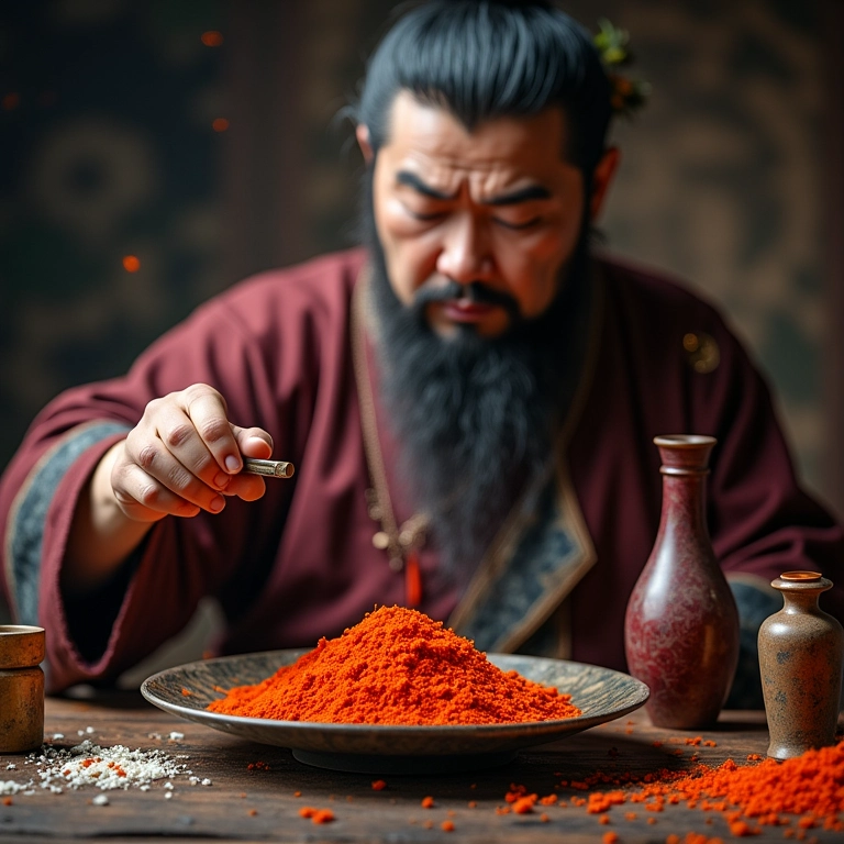 Alquimista chinês preparando a composição da pólvora.