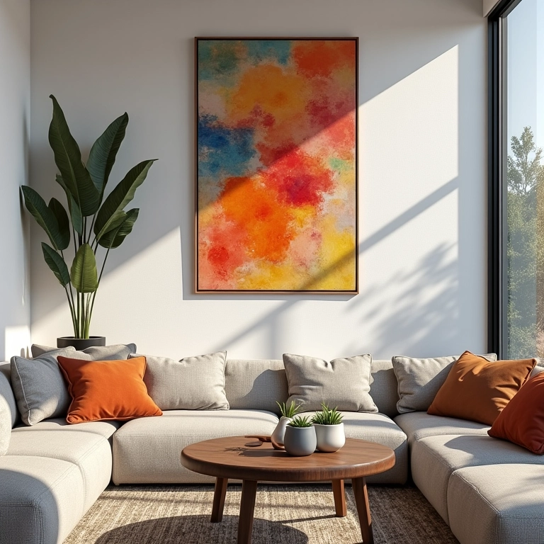 Altura ideal: quadros posicionados na altura dos olhos em sala elegante.