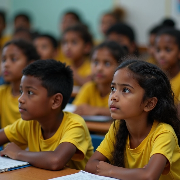 Alunos brasileiros em sala de aula, alguns com dificuldades, representando a busca por igualdade na educação.