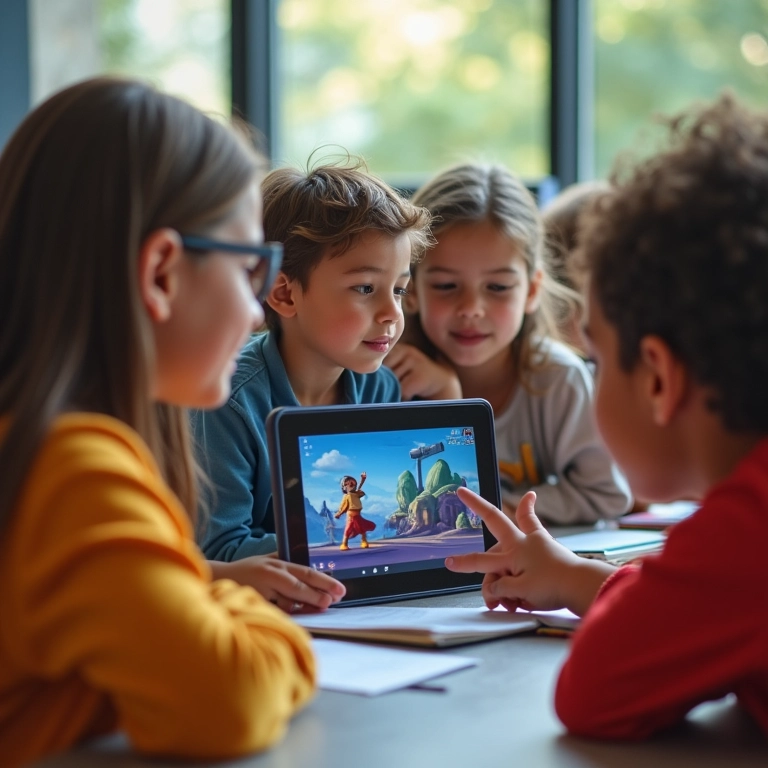Alunos diversos assistindo a um vídeo educativo do YouTube em um tablet.