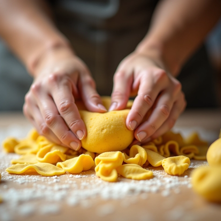 Amassando a massa fresca à mão: processo artesanal.