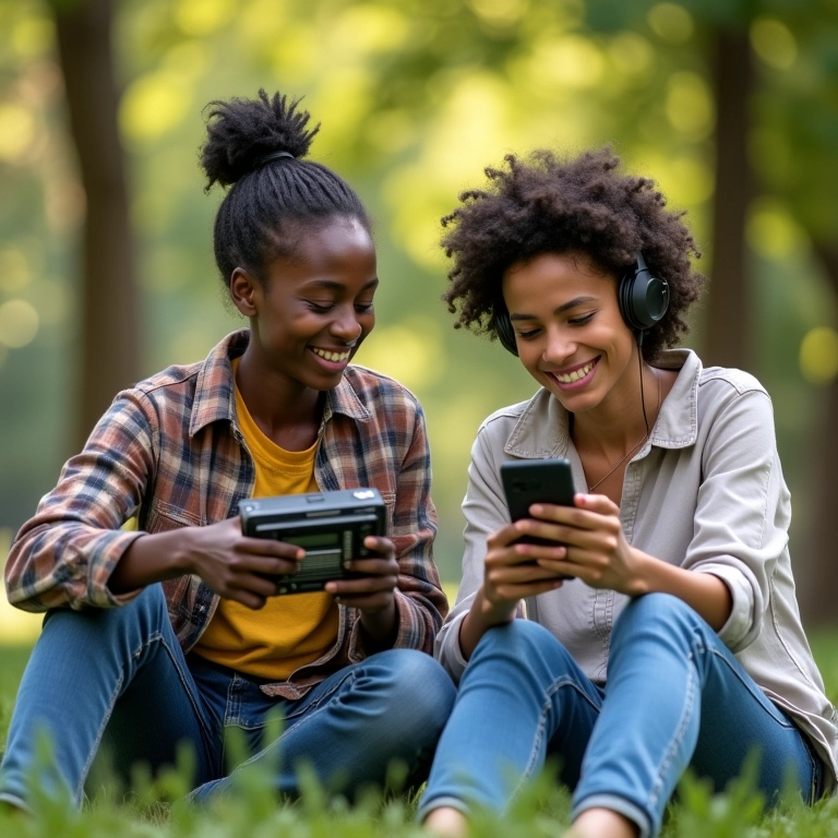 Amigos comparando rádio e podcast em um parque ensolarado.