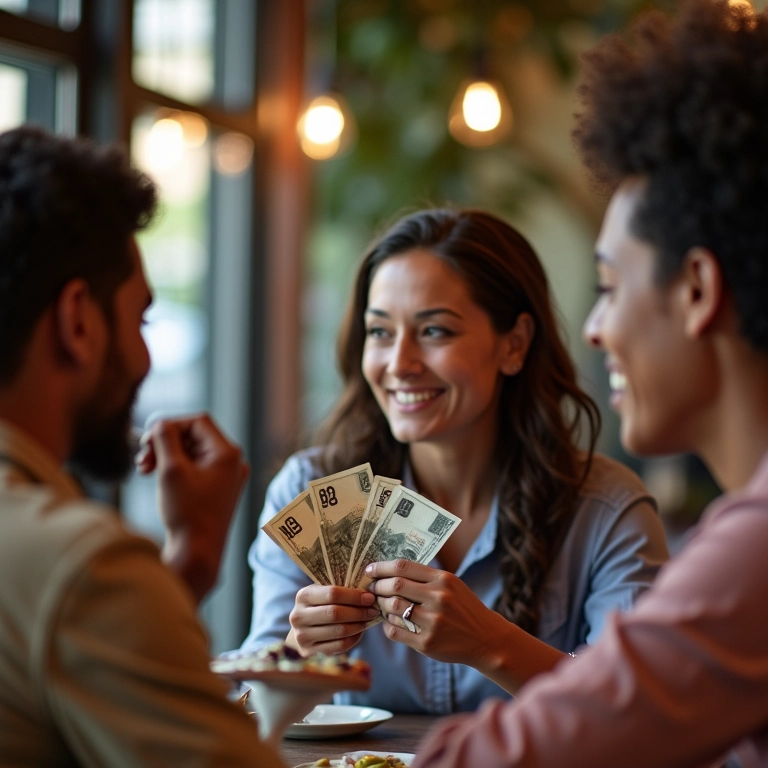 Amigos em um café discutindo opções de investimento e segurando algumas notas de real.