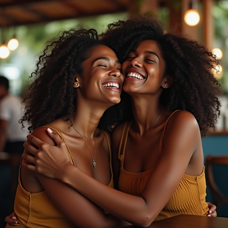Amigos rindo e abraçando em um café aconchegante, representando o amor platônico de arromânticos assexuais.