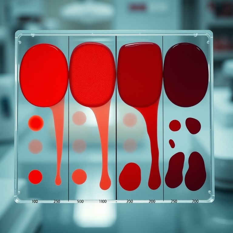 Amostras de sangue com diferentes tonalidades de vermelho, mostrando variações na cor.