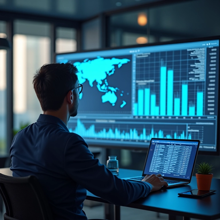Análise de dados de mercado em tela grande, mostrando gráficos de desempenho de franquias.