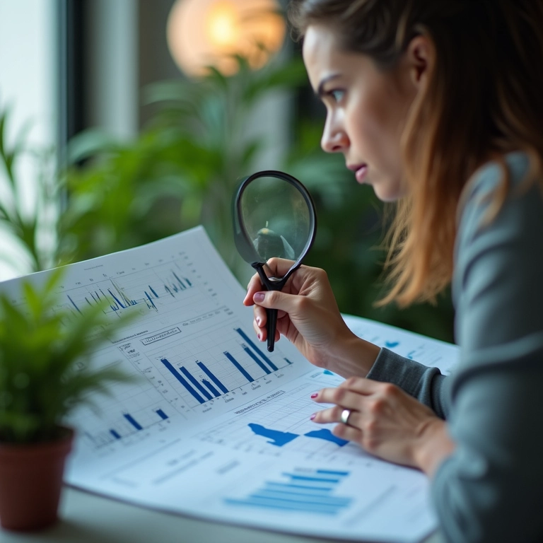 Análise fundamentalista de gráficos financeiros com lupa.