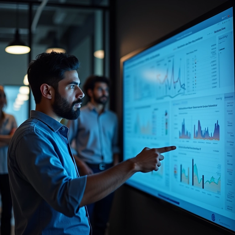 Analista de marketing revisando resultados de redes sociais.