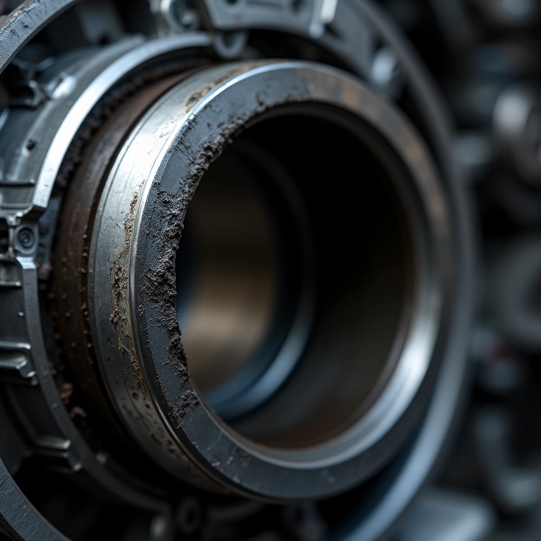 Anéis de pistão desgastados dentro de um motor a diesel.