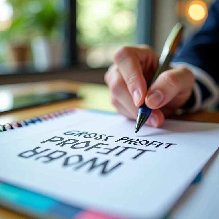 Anotações sobre Margem de Lucro Bruta em caderno.