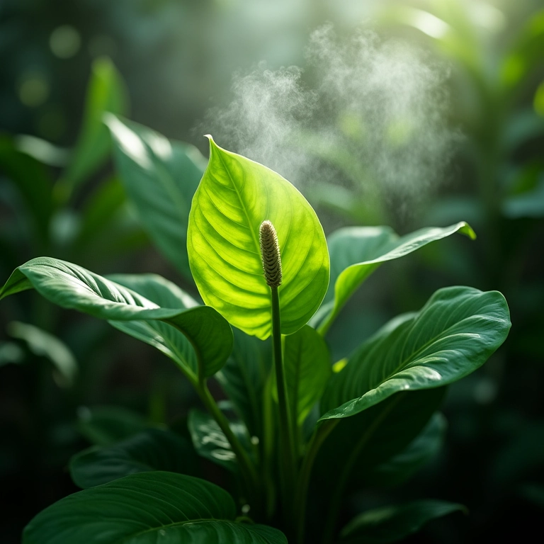 Antúrio borrifado com água, criando um ambiente úmido e tropical para folhas vibrantes.