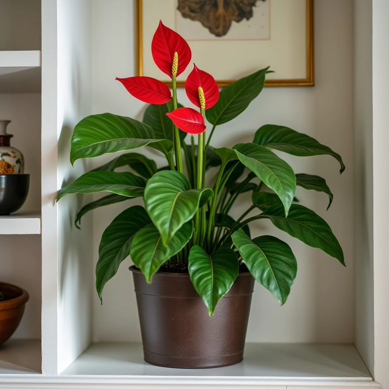 Antúrio decorando prateleira em casa brasileira com estilo Farm Rio.