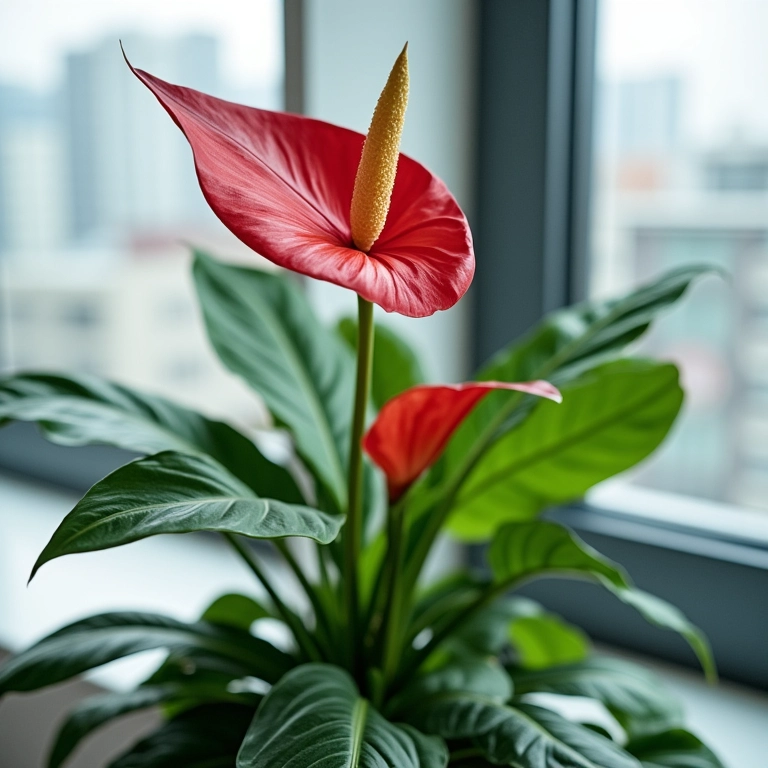 Antúrio em escritório moderno com ar condicionado, longe do fluxo direto.