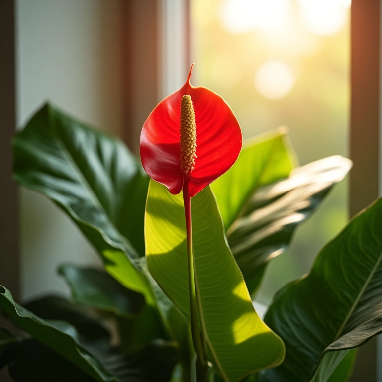 Antúrio recebendo luz indireta perto da janela, mostrando folhas verdes e flor vermelha.