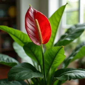 Antúrio vibrante em casa brasileira com decoração colorida e flor vermelha exuberante.