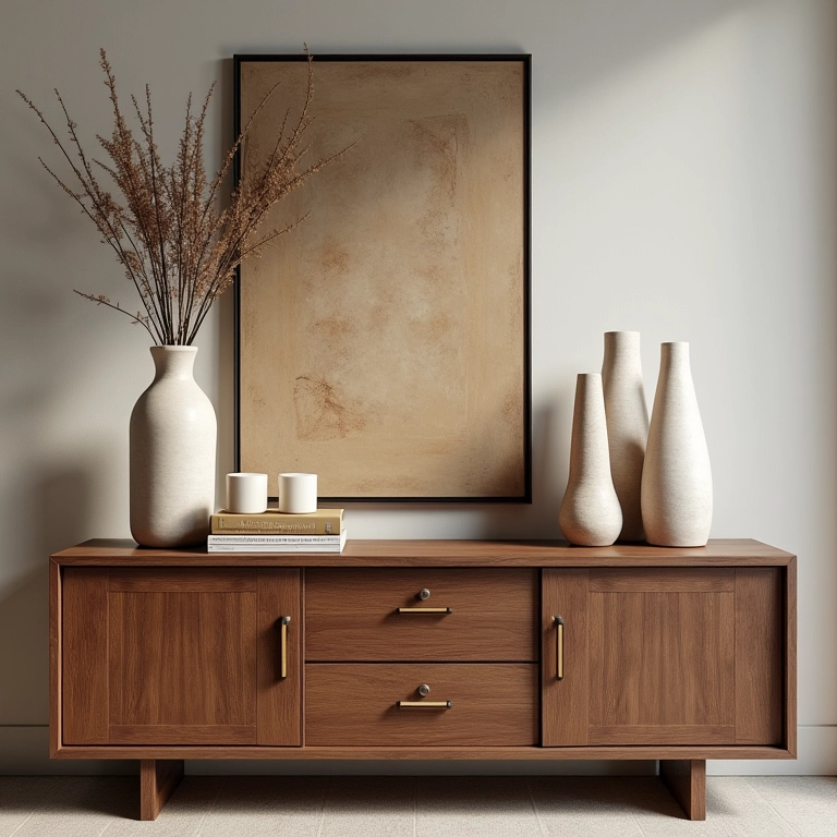 Aparador decorado com vasos, velas e livros.