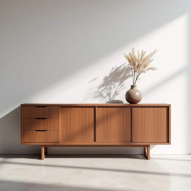 Aparador minimalista em sala de jantar moderna.