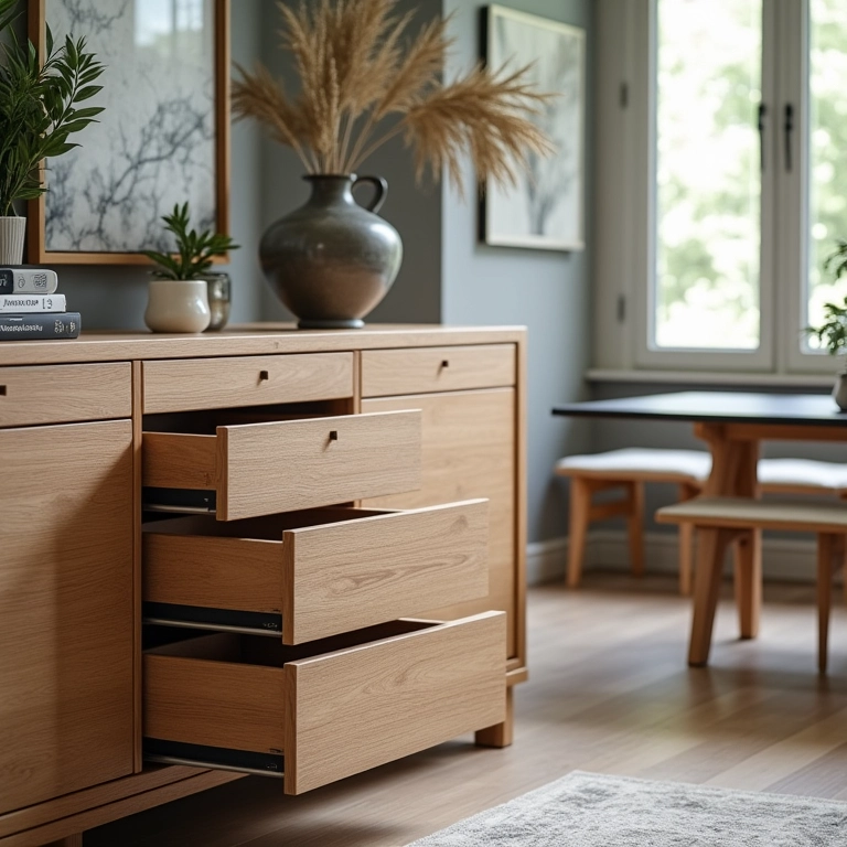 Aparador moderno com gavetas e prateleiras para organização.