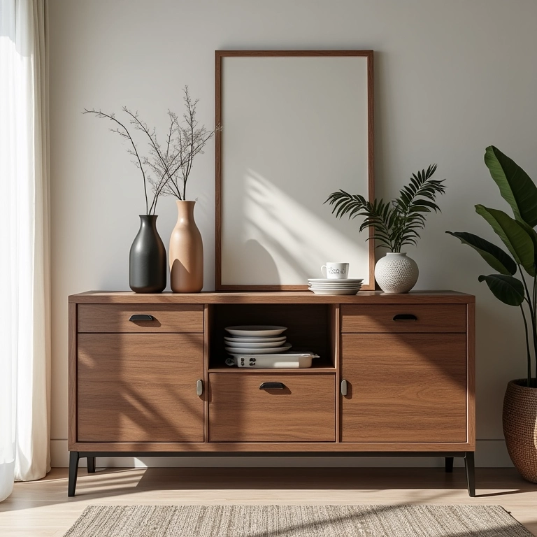 Aparador multifuncional com área de armazenamento e serviço.