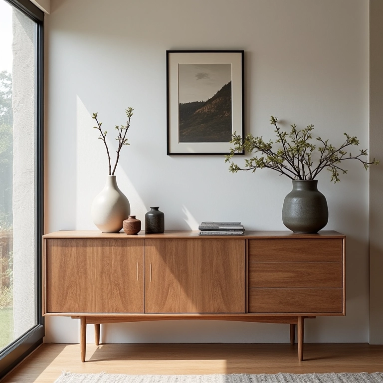 Aparador que se encaixa perfeitamente no espaço da sala.