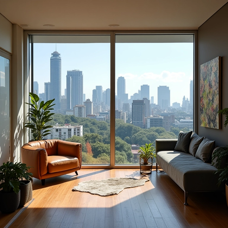 Apartamento de coliving moderno em São Paulo, vista para a Avenida Paulista, interior estiloso.