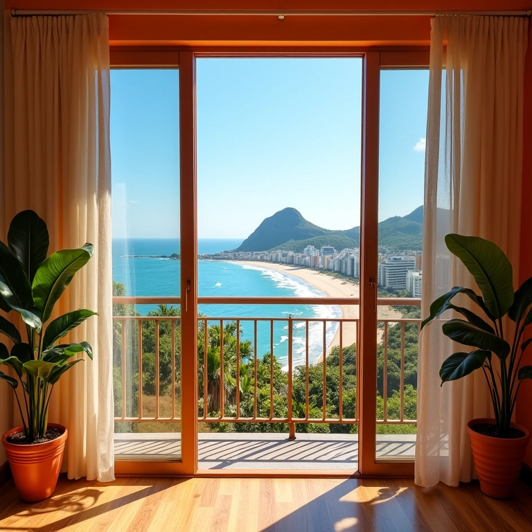 Apartamento de coliving no Rio de Janeiro, vista para a praia de Copacabana, cores vibrantes.