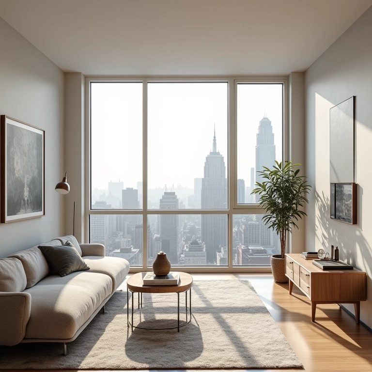 Apartamento minimalista em Nova York com vista urbana.