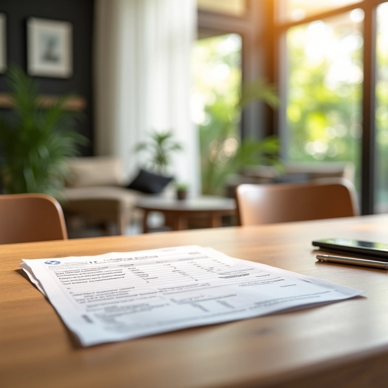 Apartamento moderno com documento de avaliação imobiliária sobre a mesa, representando ágio em imóveis.