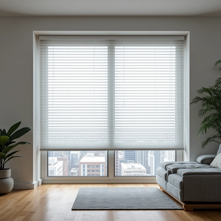 Apartamento moderno com persianas oferecendo linhas limpas e privacidade.