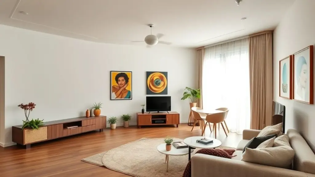 Apartment interior in Joinville, Brazil, showing a cozy living room with modern furniture, Interior de apartamento em Joinville, com decoração moderna e aconchegante.
