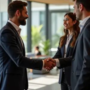 Aperto de mãos entre investidores e empreendedores em cenário de startup, representando investimento de Venture Capital.