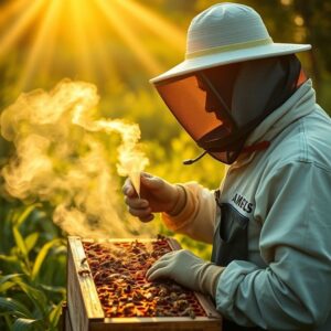 Apicultor brasileiro inspecionando colmeias em apiário ensolarado.