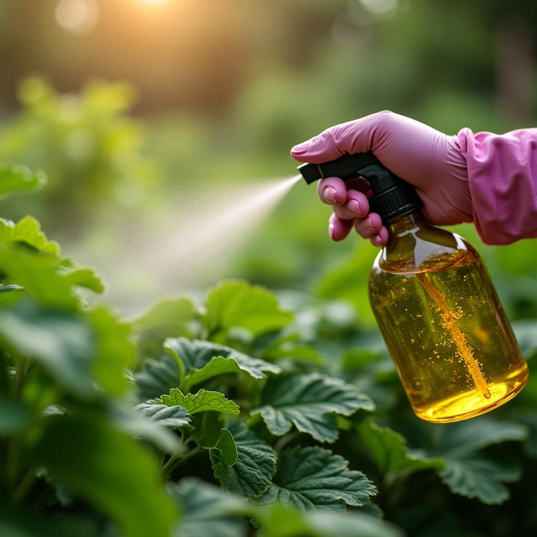 Aplicação de calda de nim em plantas para controle de pragas.