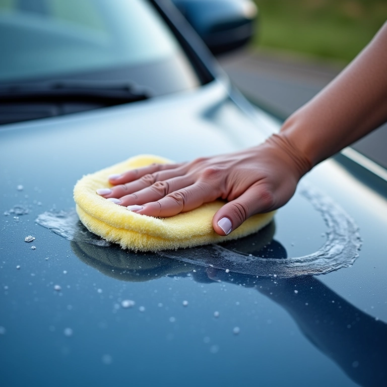 Aplicação de cera automotiva com aplicador de espuma em movimentos circulares.