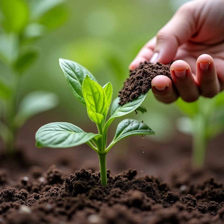 Aplicação de cinzas de madeira ao redor de uma planta jovem em um jardim.