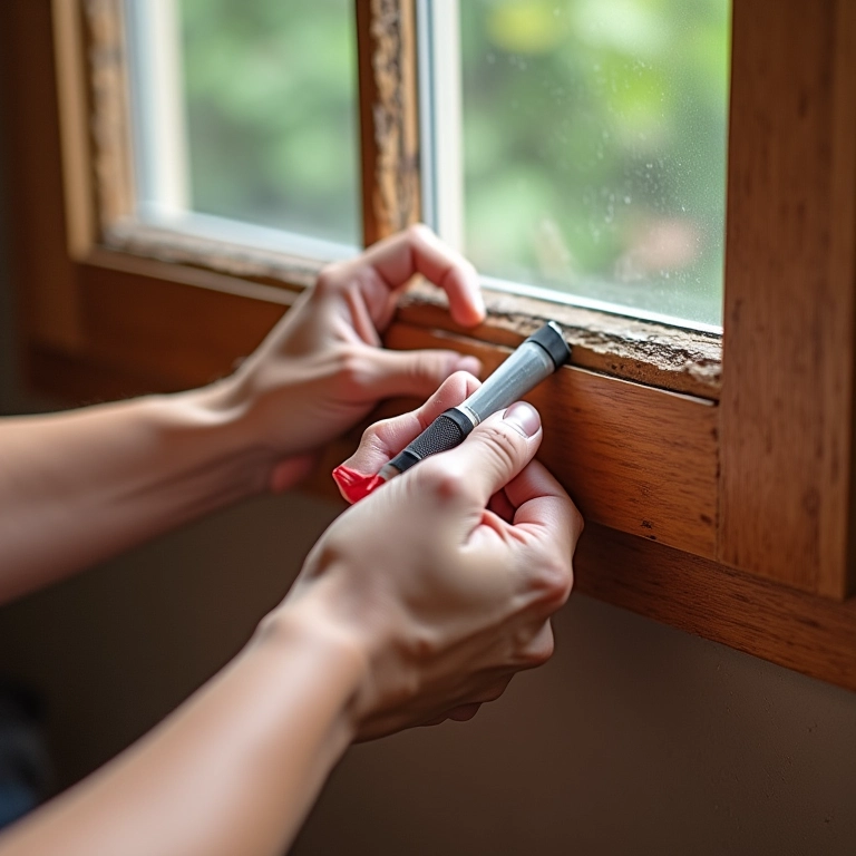 Aplicação de massa para madeira em rachaduras de janela.