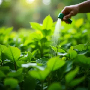 Aplicação de óleo de neem em plantas para controle natural de pragas.