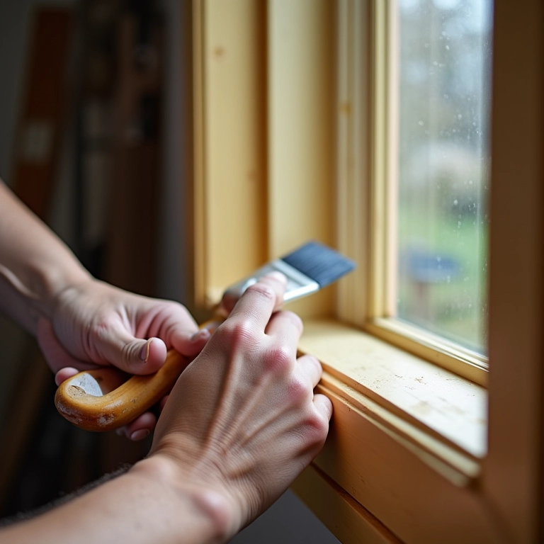 Aplicação de verniz para proteger a madeira da janela.