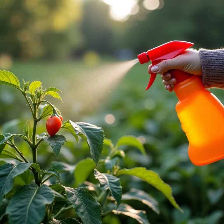 Aplicando a calda de pimenta nas plantas com um borrifador.